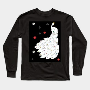 White Peacock with Flowers in a Black Background Long Sleeve T-Shirt